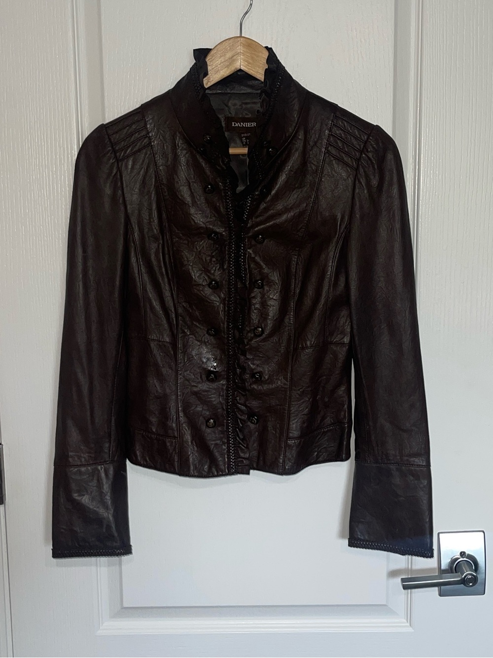 DANIER Dark Brown Military-Style Leather Jacket Button Vampire Dairies 2XS XXS - Picture 7 of 8